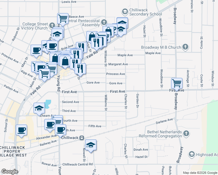 map of restaurants, bars, coffee shops, grocery stores, and more near 46212 Gore Avenue in Chilliwack