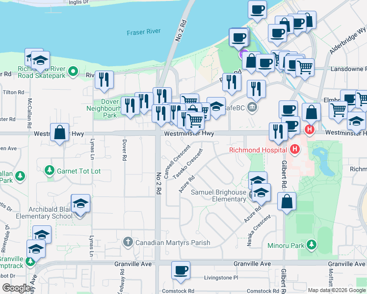 map of restaurants, bars, coffee shops, grocery stores, and more near 6011 Thetis Place in Richmond