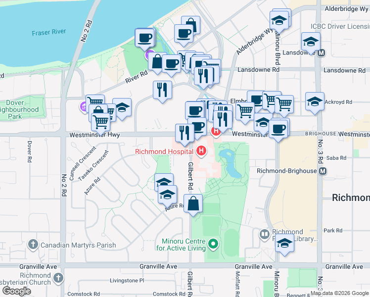 map of restaurants, bars, coffee shops, grocery stores, and more near 6051 Gilbert Road in Richmond