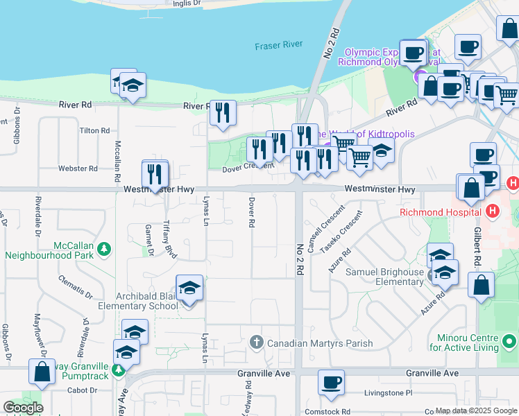 map of restaurants, bars, coffee shops, grocery stores, and more near 6060 Dover Road in Richmond