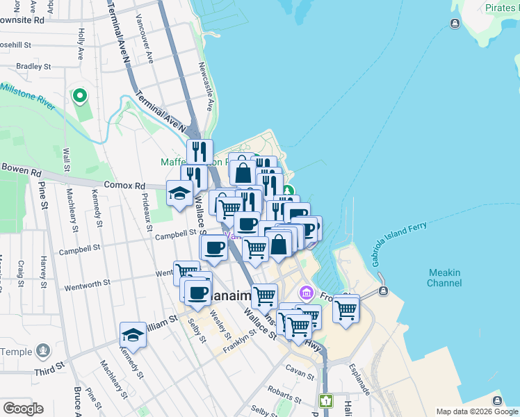 map of restaurants, bars, coffee shops, grocery stores, and more near 10 Chapel Street in Nanaimo