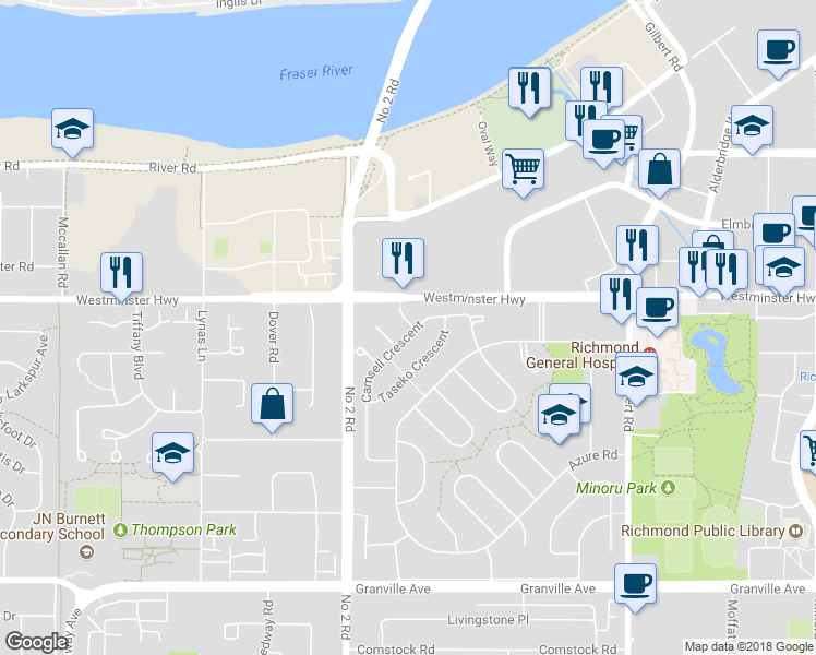 map of restaurants, bars, coffee shops, grocery stores, and more near 6011 Thetis Place in Richmond