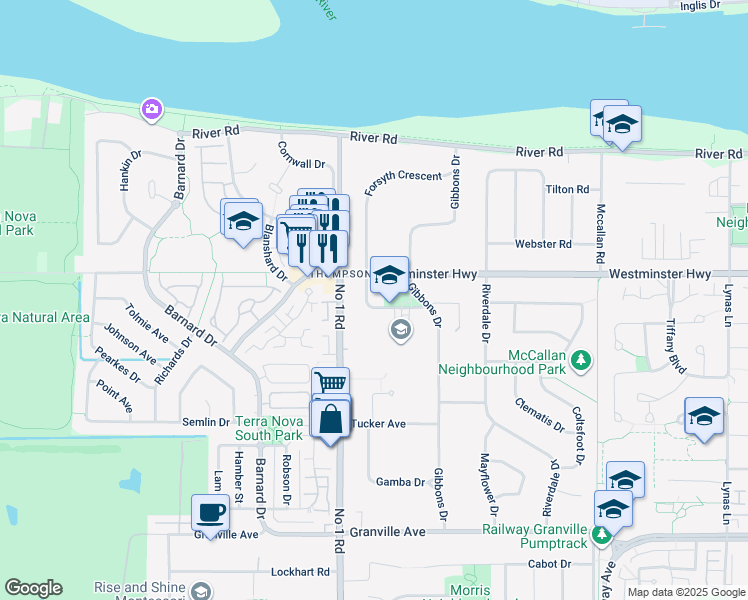 map of restaurants, bars, coffee shops, grocery stores, and more near 6100 Forsyth Crescent in Richmond
