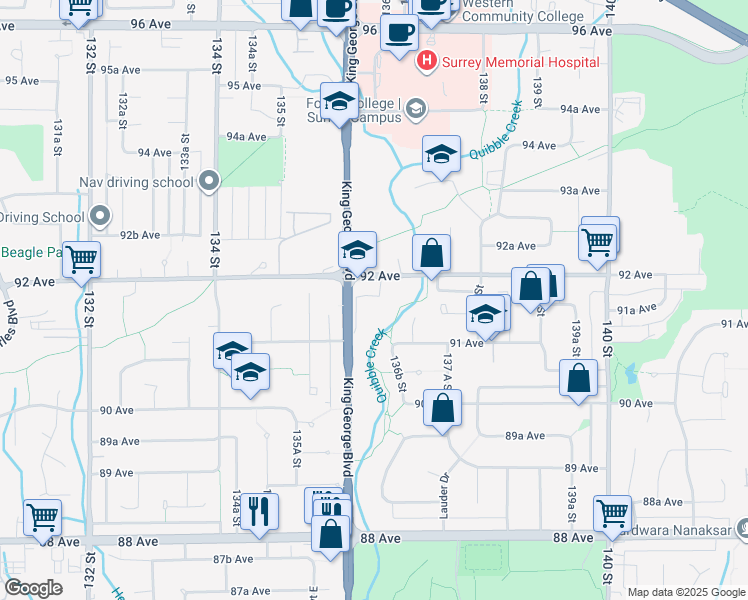 map of restaurants, bars, coffee shops, grocery stores, and more near in Surrey