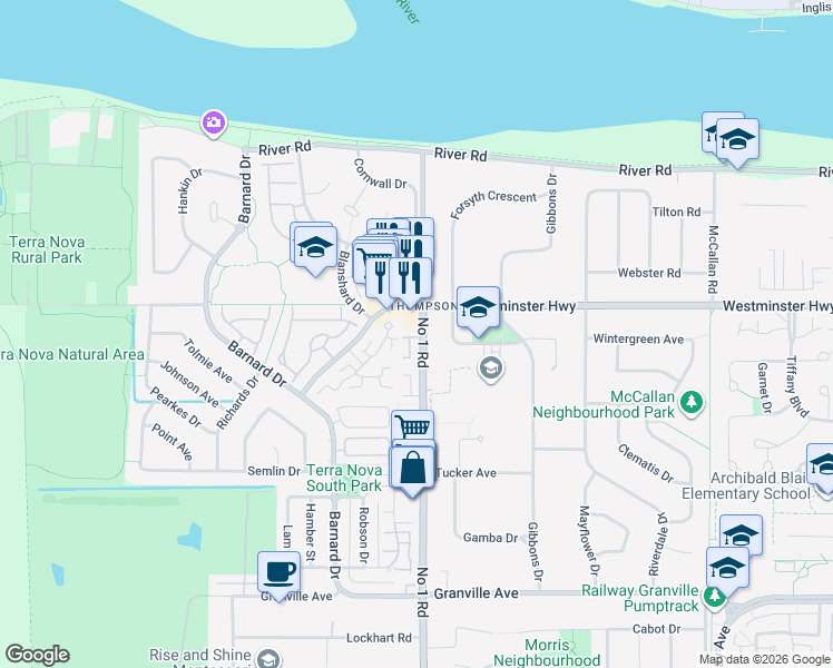 map of restaurants, bars, coffee shops, grocery stores, and more near 6111 Number 1 Road in Richmond
