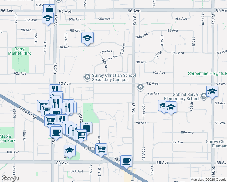 map of restaurants, bars, coffee shops, grocery stores, and more near 15499 91A Avenue in Surrey