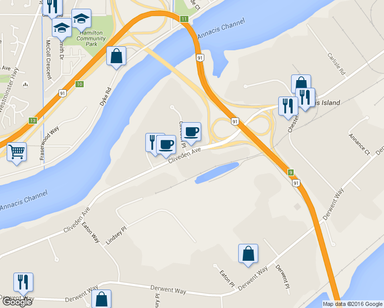 map of restaurants, bars, coffee shops, grocery stores, and more near 1322 Cliveden Avenue in Delta