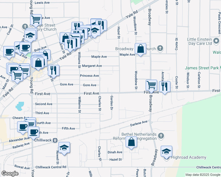 map of restaurants, bars, coffee shops, grocery stores, and more near 9210 Aspen Place in Chilliwack
