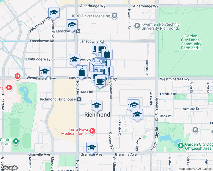 map of restaurants, bars, coffee shops, grocery stores, and more near 6119 Cooney Road in Richmond