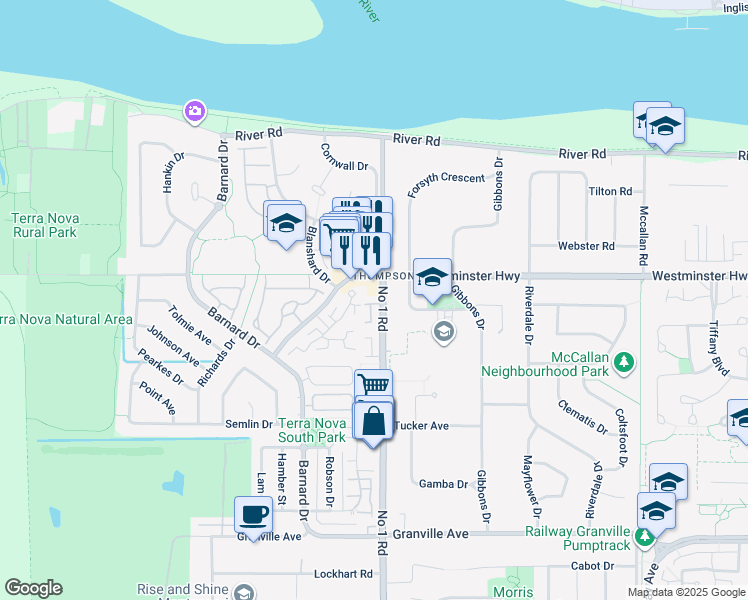 map of restaurants, bars, coffee shops, grocery stores, and more near 6111 Number 1 Road in Richmond