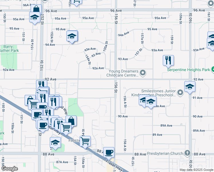 map of restaurants, bars, coffee shops, grocery stores, and more near 15553 91A Avenue in Surrey