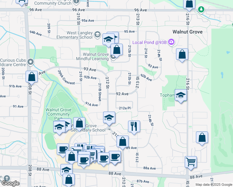 map of restaurants, bars, coffee shops, grocery stores, and more near 9210 212A Street in Langley