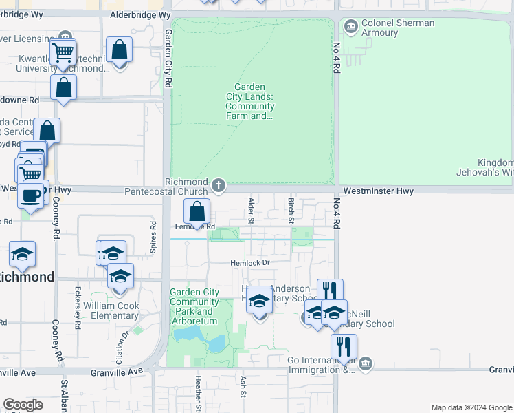 map of restaurants, bars, coffee shops, grocery stores, and more near 6180 Alder Street in Richmond