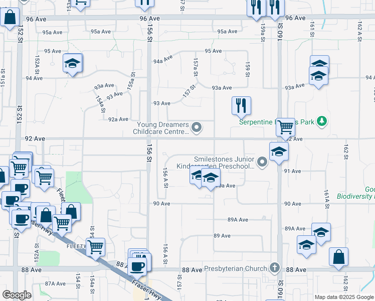 map of restaurants, bars, coffee shops, grocery stores, and more near 15719 91A Avenue in Surrey