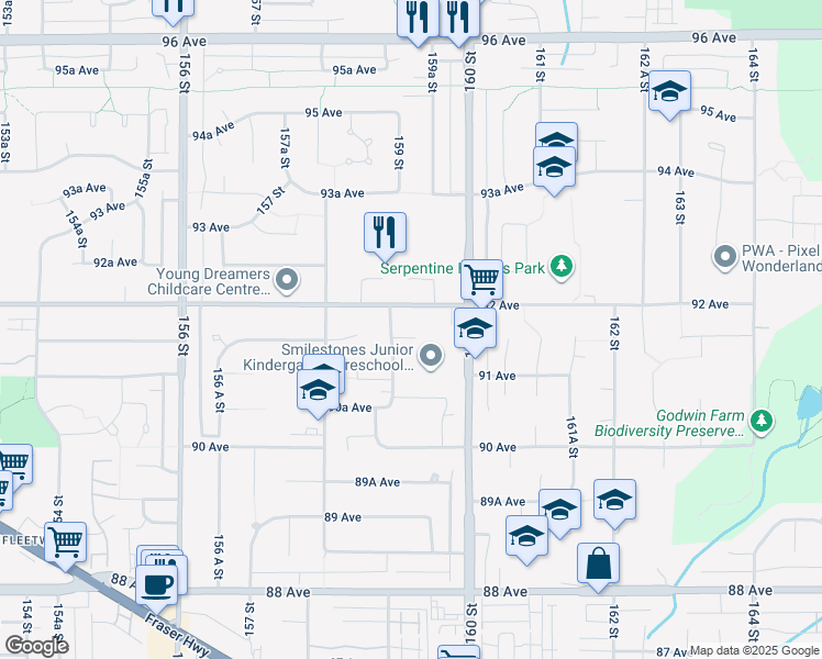 map of restaurants, bars, coffee shops, grocery stores, and more near 15939 91A Avenue in Surrey