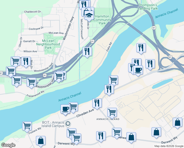 map of restaurants, bars, coffee shops, grocery stores, and more near 23160 Dyke Road in Richmond