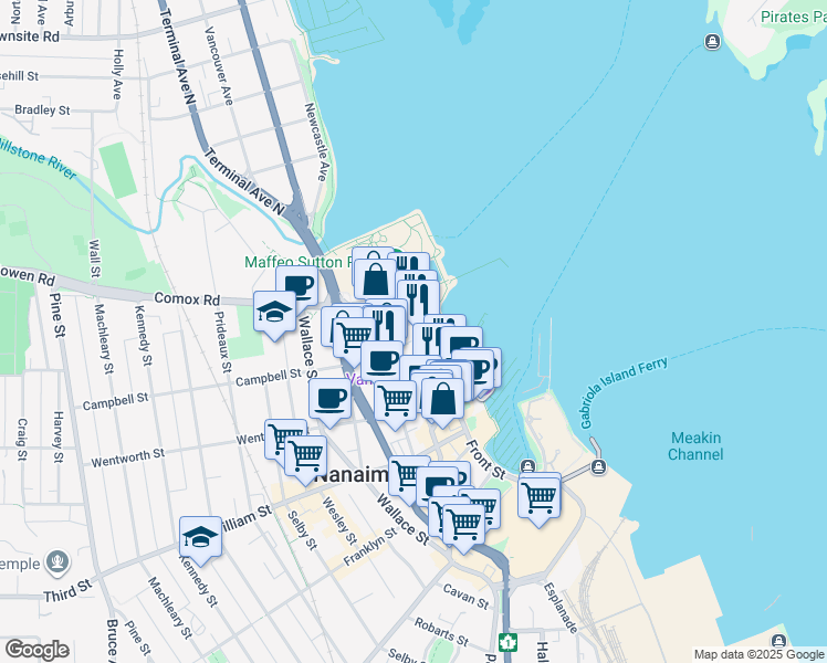 map of restaurants, bars, coffee shops, grocery stores, and more near 6 Front Street in Nanaimo