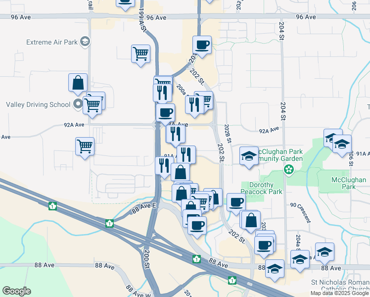 map of restaurants, bars, coffee shops, grocery stores, and more near 20031 91A Avenue in Langley Township