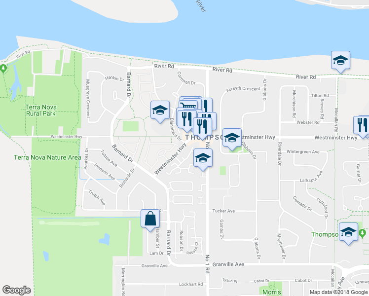 map of restaurants, bars, coffee shops, grocery stores, and more near 3671 Westminster Highway in Richmond