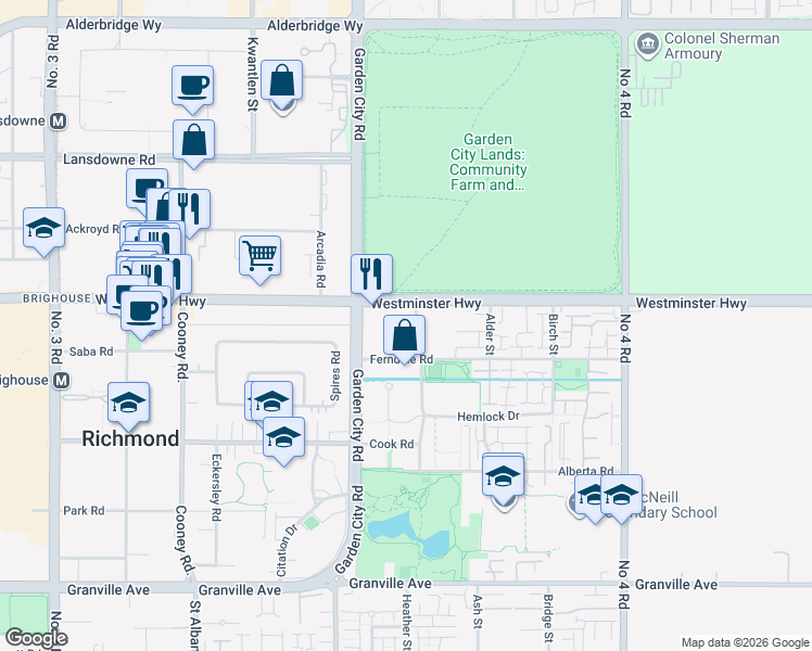 map of restaurants, bars, coffee shops, grocery stores, and more near 6033 Katsura Street in Richmond