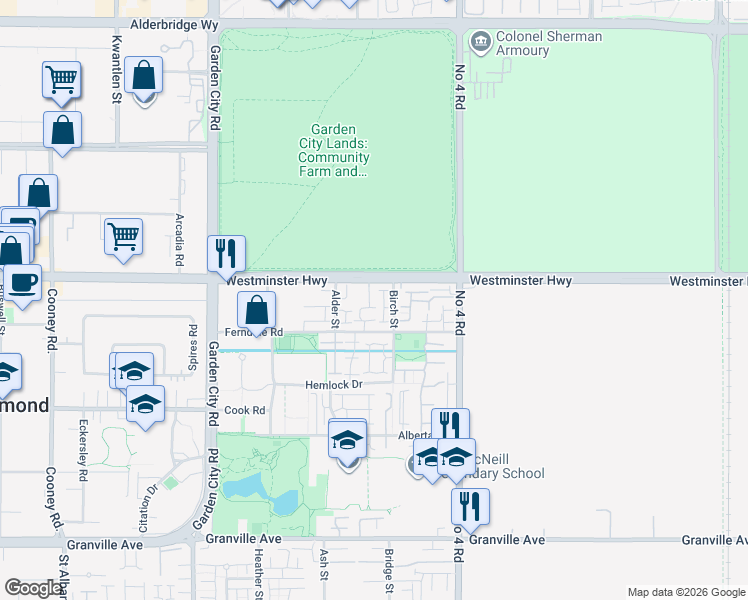 map of restaurants, bars, coffee shops, grocery stores, and more near 9551 Ferndale Road in Richmond