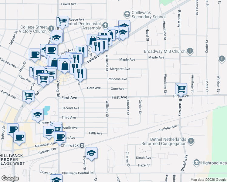 map of restaurants, bars, coffee shops, grocery stores, and more near 46240 Gore Avenue in Chilliwack