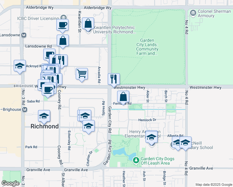 map of restaurants, bars, coffee shops, grocery stores, and more near 5 Ferndale Road in Richmond