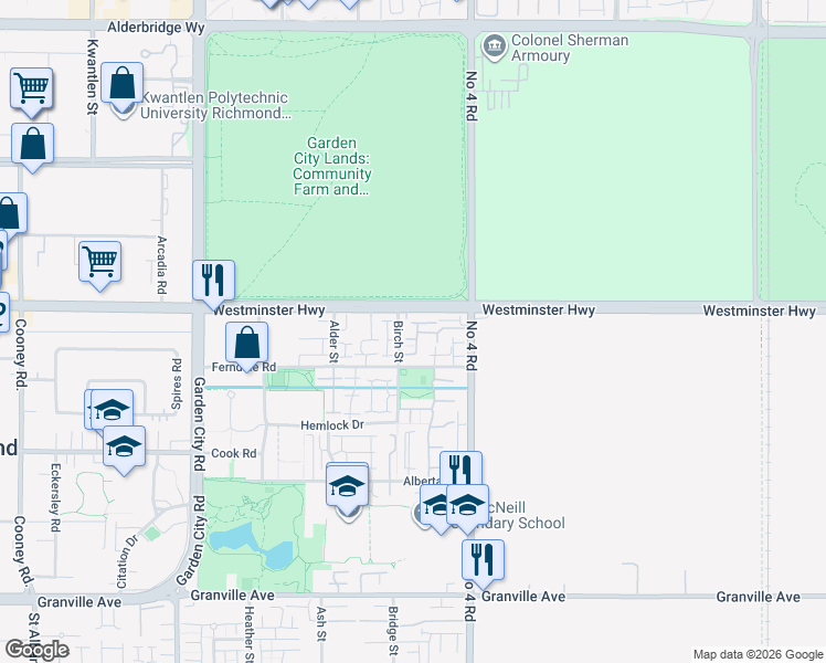 map of restaurants, bars, coffee shops, grocery stores, and more near 6188 Birch Street in Richmond