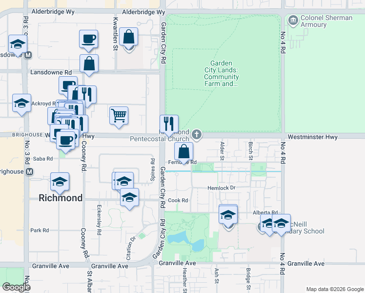 map of restaurants, bars, coffee shops, grocery stores, and more near 6033 Katsura Street in Richmond