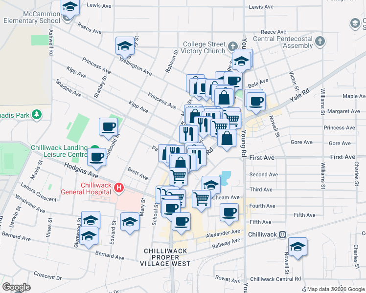 map of restaurants, bars, coffee shops, grocery stores, and more near 45770 Spadina Avenue in Chilliwack