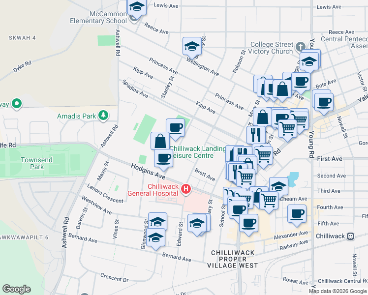 map of restaurants, bars, coffee shops, grocery stores, and more near 9240 Corbould Street in Chilliwack