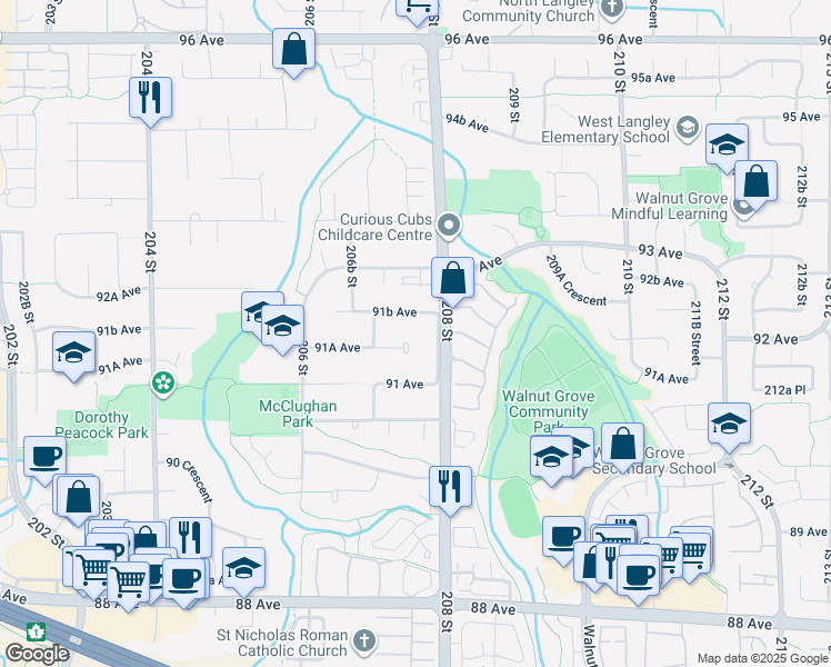 map of restaurants, bars, coffee shops, grocery stores, and more near 20763 91A Avenue in Langley Township