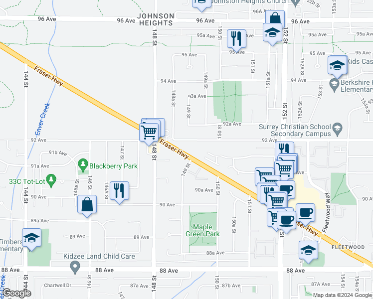 map of restaurants, bars, coffee shops, grocery stores, and more near 14895 Fraser Highway in Surrey