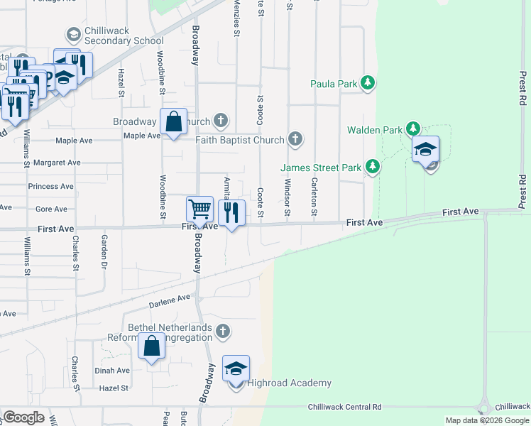 map of restaurants, bars, coffee shops, grocery stores, and more near 9220 Coote Street in Chilliwack