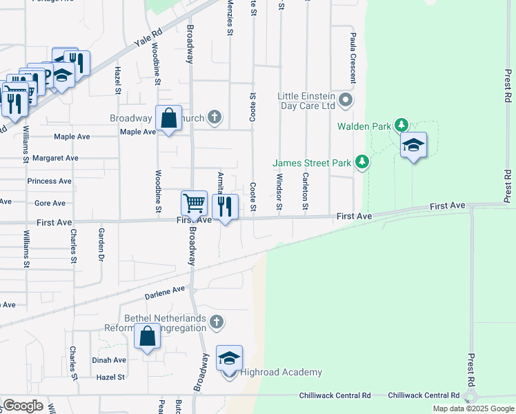 map of restaurants, bars, coffee shops, grocery stores, and more near 9220 Coote Street in Chilliwack