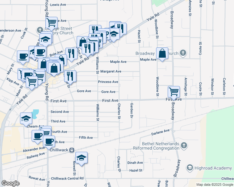 map of restaurants, bars, coffee shops, grocery stores, and more near 9225 Charles Street in Chilliwack