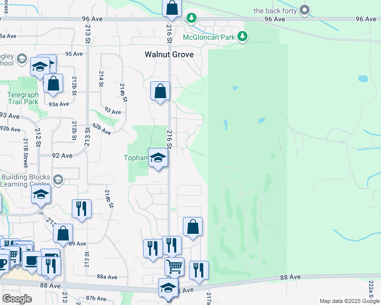 map of restaurants, bars, coffee shops, grocery stores, and more near 9188 216A Street in Langley Township