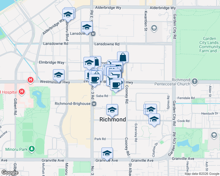 map of restaurants, bars, coffee shops, grocery stores, and more near 6191 Buswell Street in Richmond