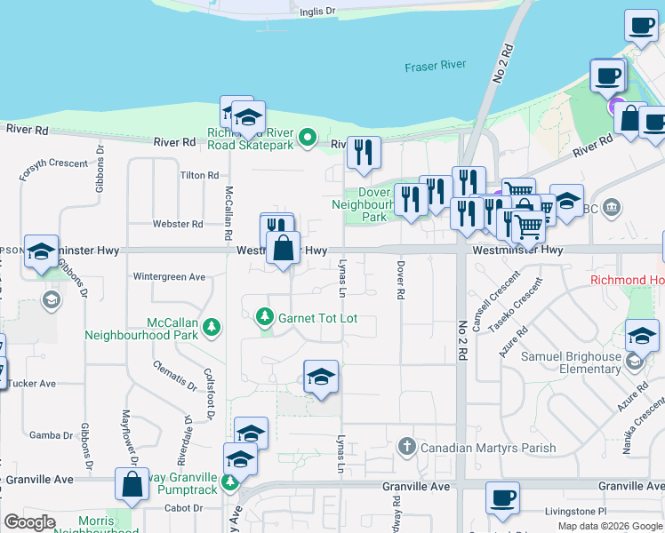 map of restaurants, bars, coffee shops, grocery stores, and more near 6100 Tiffany Boulevard in Richmond