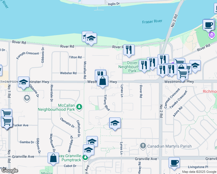 map of restaurants, bars, coffee shops, grocery stores, and more near 6100 Tiffany Boulevard in Richmond