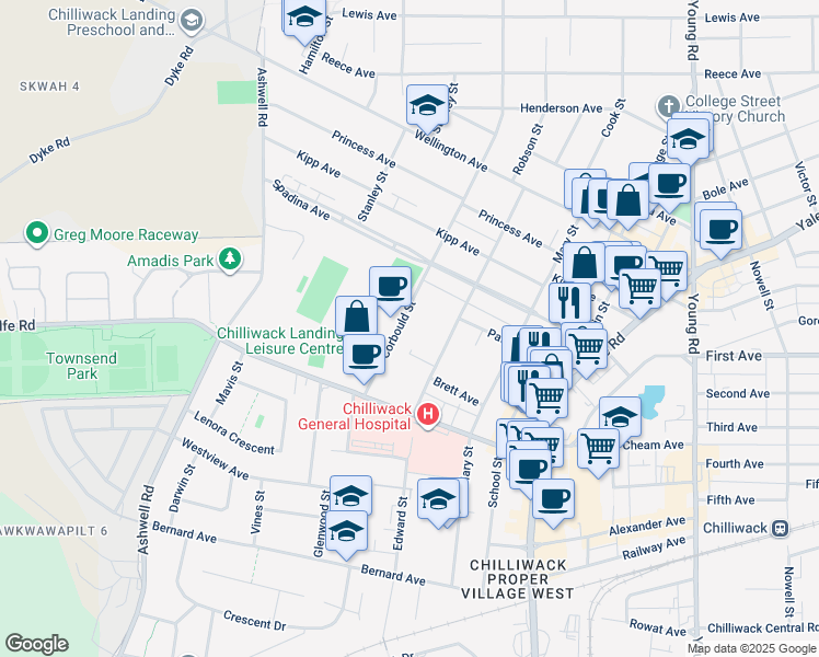 map of restaurants, bars, coffee shops, grocery stores, and more near 9206 Corbould Street in Chilliwack