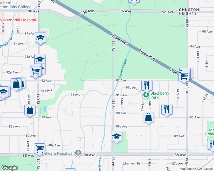 map of restaurants, bars, coffee shops, grocery stores, and more near 9174 143A Street in Surrey