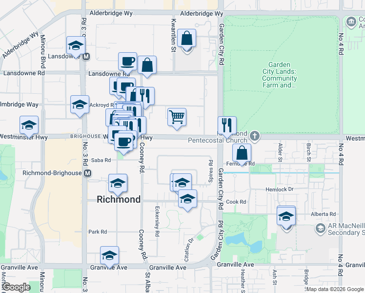 map of restaurants, bars, coffee shops, grocery stores, and more near 8600 Westminster Highway in Richmond
