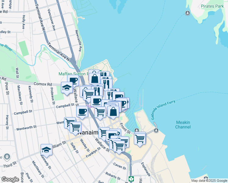 map of restaurants, bars, coffee shops, grocery stores, and more near Harbourfront Walkway in Nanaimo