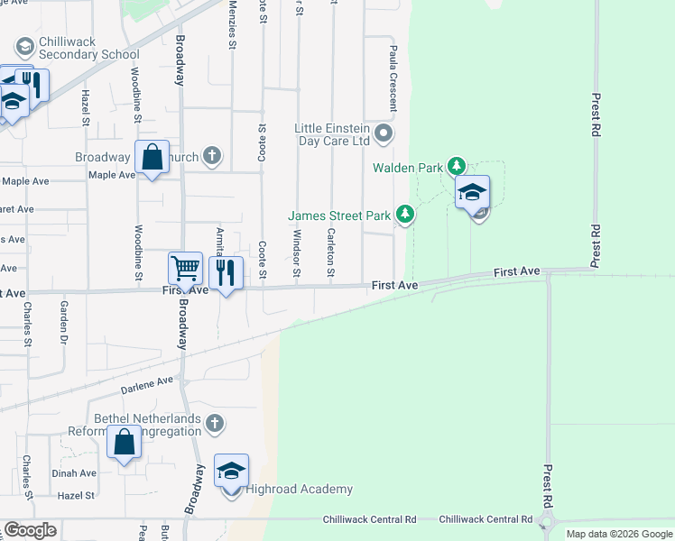 map of restaurants, bars, coffee shops, grocery stores, and more near 9220 Carleton Street in Chilliwack