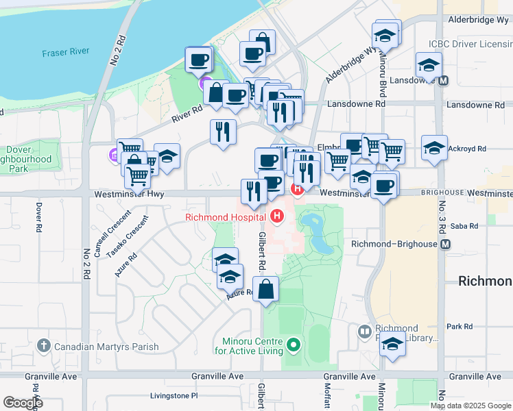 map of restaurants, bars, coffee shops, grocery stores, and more near 6051 Gilbert Road in Richmond