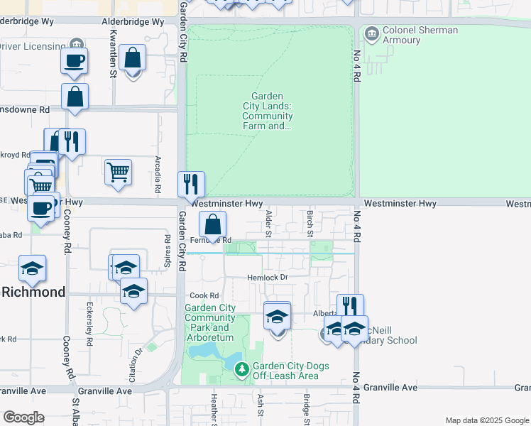 map of restaurants, bars, coffee shops, grocery stores, and more near 6099 Alder Street in Richmond