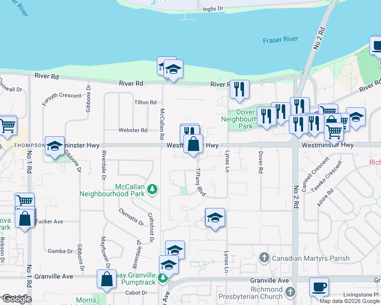 map of restaurants, bars, coffee shops, grocery stores, and more near 203-5188 Westminster Highway in Richmond