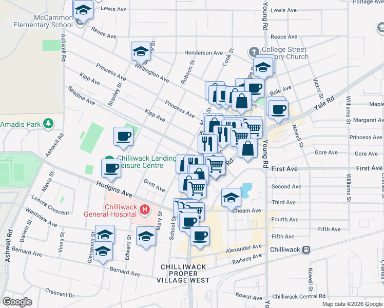 map of restaurants, bars, coffee shops, grocery stores, and more near 45744 Spadina Avenue in Chilliwack