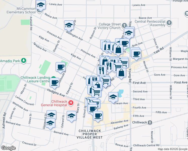 map of restaurants, bars, coffee shops, grocery stores, and more near in Chilliwack
